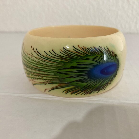 Vintage Cream Green And Blue Peacock Feather Design Bangle Bracelet - Picture 1 of 9